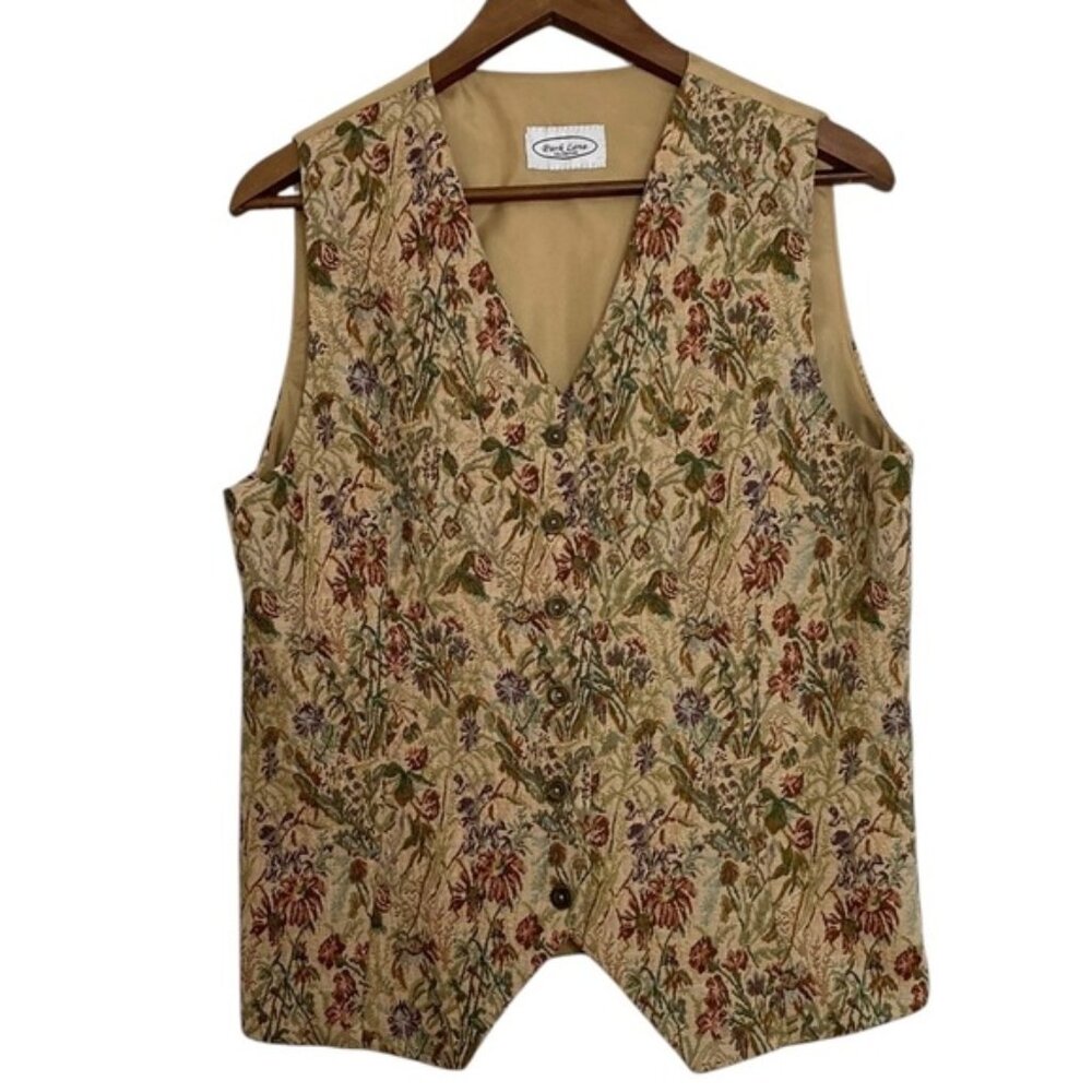Vinage Vest Womens Large Beige Green Floral Tapestry 90s Mom Waistcoat